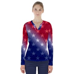 America Patriotic Red White Blue V-neck Long Sleeve Top