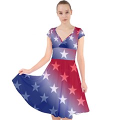 America Patriotic Red White Blue Cap Sleeve Front Wrap Midi Dress