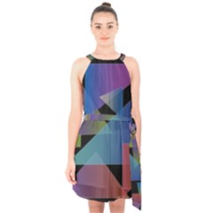 Triangle Gradient Abstract Geometry Halter Collar Waist Tie Chiffon Dress by BangZart