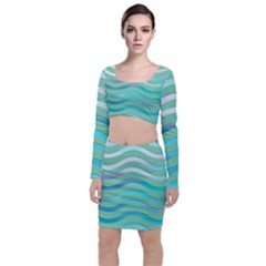 Abstract Digital Waves Background Long Sleeve Crop Top & Bodycon Skirt Set