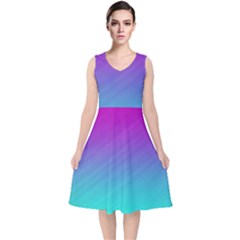 Background Pink Blue Gradient V-neck Midi Sleeveless Dress 