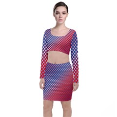 Dots Red White Blue Gradient Long Sleeve Crop Top & Bodycon Skirt Set