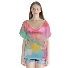 Watercolour Gradient V-neck Flutter Sleeve Top by BangZart