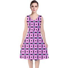 Pattern Pink Squares Square Texture V-neck Midi Sleeveless Dress 