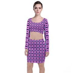 Pattern Pink Squares Square Texture Long Sleeve Crop Top & Bodycon Skirt Set