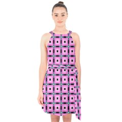 Pattern Pink Squares Square Texture Halter Collar Waist Tie Chiffon Dress by BangZart