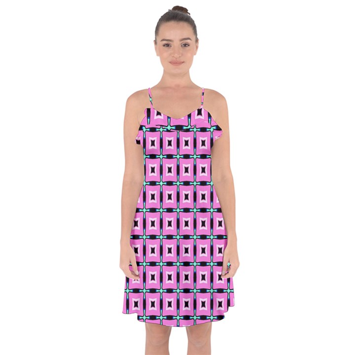 Pattern Pink Squares Square Texture Ruffle Detail Chiffon Dress