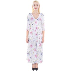 Floral Pattern Background Quarter Sleeve Wrap Maxi Dress