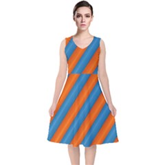 Diagonal Stripes Striped Lines V-neck Midi Sleeveless Dress 