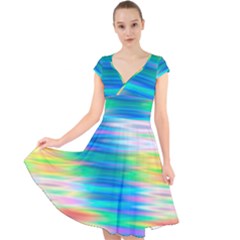 Wave Rainbow Bright Texture Cap Sleeve Front Wrap Midi Dress