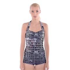 Skyscraper Glass Facade Offices Boyleg Halter Swimsuit  by BangZart