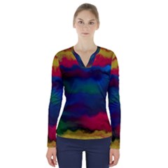 Watercolour Color Background V-neck Long Sleeve Top