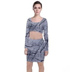 Abstract Background Texture Grey Long Sleeve Crop Top & Bodycon Skirt Set