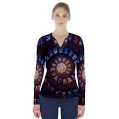 Stained Glass Spiral Circle Pattern V-neck Long Sleeve Top