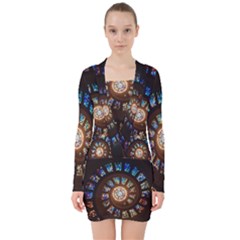 Stained Glass Spiral Circle Pattern V-neck Bodycon Long Sleeve Dress