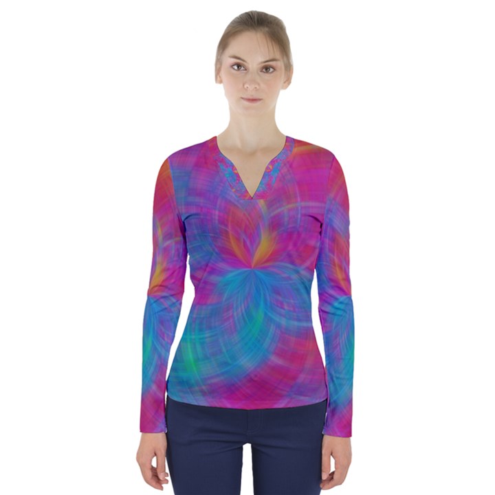 Abstract Fantastic Fractal Gradient V-Neck Long Sleeve Top