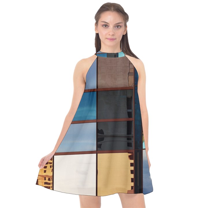 Glass Facade Colorful Architecture Halter Neckline Chiffon Dress 