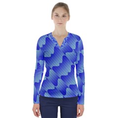 Gradient Blue Pinstripes Lines V-neck Long Sleeve Top