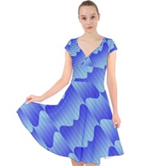 Gradient Blue Pinstripes Lines Cap Sleeve Front Wrap Midi Dress