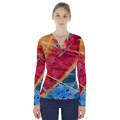 Painting Watercolor Wax Stains Red V-neck Long Sleeve Top