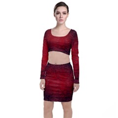 Red Grunge Texture Black Gradient Long Sleeve Crop Top & Bodycon Skirt Set