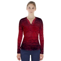 Red Grunge Texture Black Gradient V-neck Long Sleeve Top