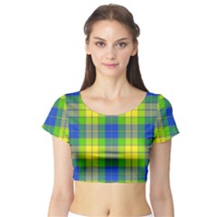 Spring Plaid Yellow Blue And Green Short Sleeve Crop Top by BangZart