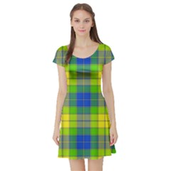 Spring Plaid Yellow Blue And Green Short Sleeve Skater Dress by BangZart