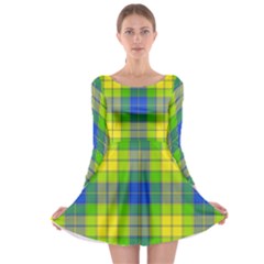 Spring Plaid Yellow Blue And Green Long Sleeve Skater Dress by BangZart