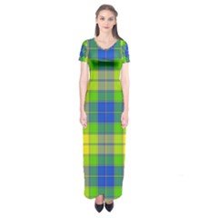 Spring Plaid Yellow Blue And Green Short Sleeve Maxi Dress by BangZart