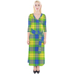 Spring Plaid Yellow Blue And Green Quarter Sleeve Wrap Maxi Dress