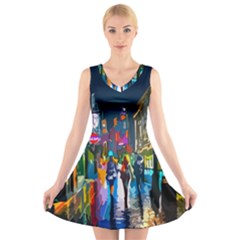 Abstract Vibrant Colour Cityscape V-neck Sleeveless Skater Dress by BangZart