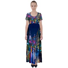 Abstract Vibrant Colour Cityscape High Waist Short Sleeve Maxi Dress