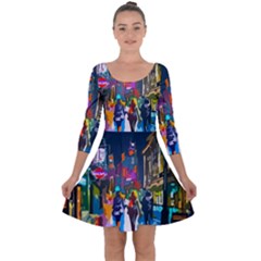 Abstract Vibrant Colour Cityscape Quarter Sleeve Skater Dress