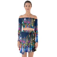 Abstract Vibrant Colour Cityscape Off Shoulder Top With Skirt Set