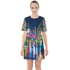 Abstract Vibrant Colour Cityscape Sixties Short Sleeve Mini Dress