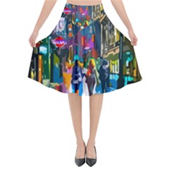 Abstract Vibrant Colour Cityscape Flared Midi Skirt