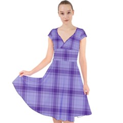 Purple Plaid Original Traditional Cap Sleeve Front Wrap Midi Dress