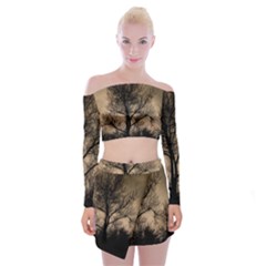 Tree Bushes Black Nature Landscape Off Shoulder Top With Mini Skirt Set by BangZart