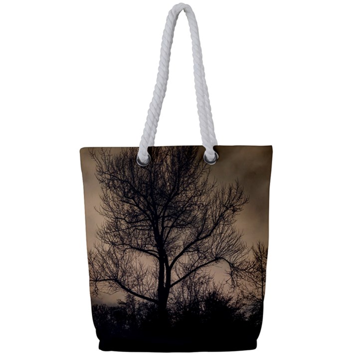 Tree Bushes Black Nature Landscape Full Print Rope Handle Tote (Small)