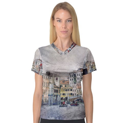 Venice Small Town Watercolor V-neck Sport Mesh Tee by BangZart