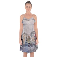 Venice Small Town Watercolor Ruffle Detail Chiffon Dress by BangZart