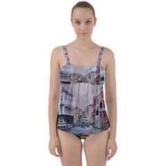 Venice Small Town Watercolor Twist Front Tankini Set by BangZart