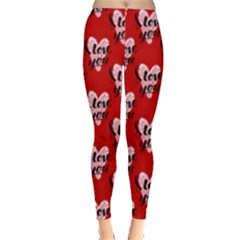 Red Love You Valentine Pattern Leggings  by PattyVilleDesigns