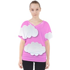 Clouds Sky Pink Comic Background V-neck Dolman Drape Top by BangZart