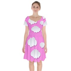 Clouds Sky Pink Comic Background Short Sleeve Bardot Dress by BangZart