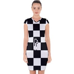 Grid Domino Bank And Black Capsleeve Drawstring Dress 