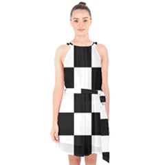 Grid Domino Bank And Black Halter Collar Waist Tie Chiffon Dress by BangZart