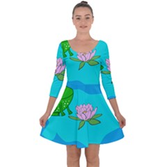 Frog Flower Lilypad Lily Pad Water Quarter Sleeve Skater Dress