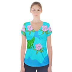 Frog Flower Lilypad Lily Pad Water Short Sleeve Front Detail Top by BangZart